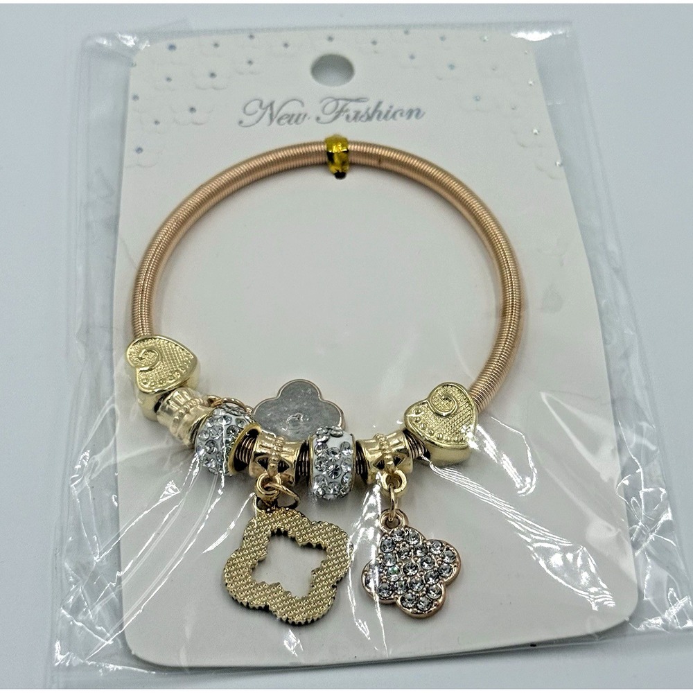 Clover Heart Bead Pave Dangle Charm Bracelet Gold Tone NEW